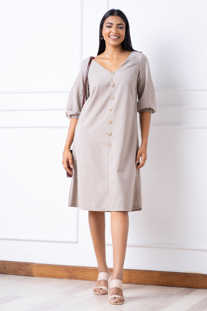 Puff Sleeve Linen Dress - Relaxed Fit, Dress, Everyday Dresses, Holiday, Holiday Dresses, Linen Dresses, Linen Work Wear, Midi Dresses, New Arrivals, Relaxed Fit, Three Quarter Sleeve, V Neck