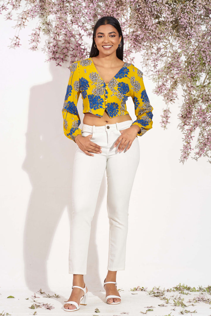 Printed Button Up Crop Top, Top, Crop Top, Holiday, Holiday Tops, Long Sleeves, New Arrivals, SH21, V Neck - MONDY, Sri Lankan women's clothing office wear party dresses jackets pants comfort