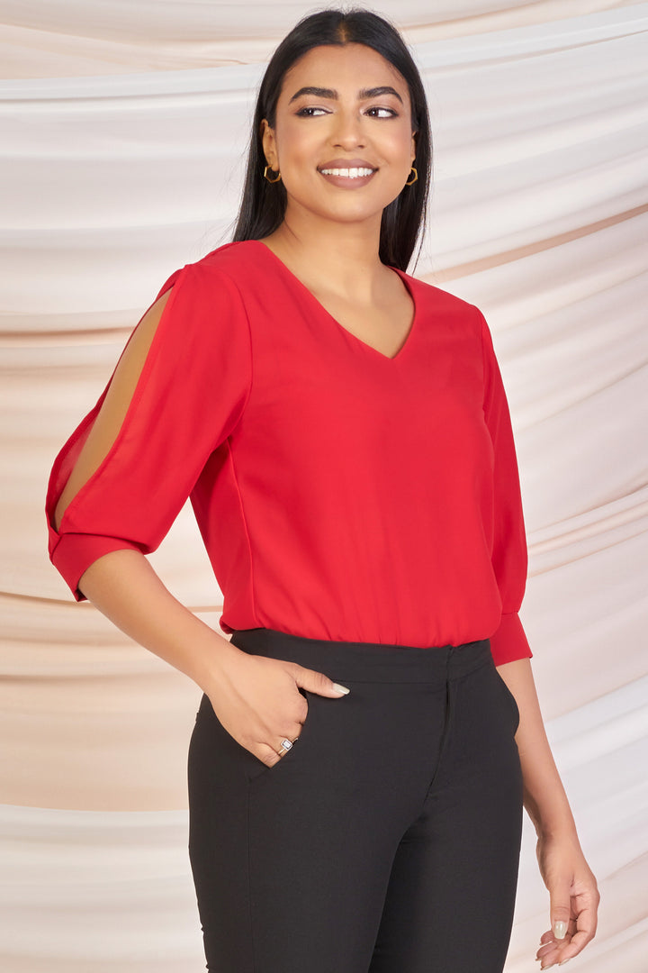 Red Slit Sleeve Top- Regular Fit