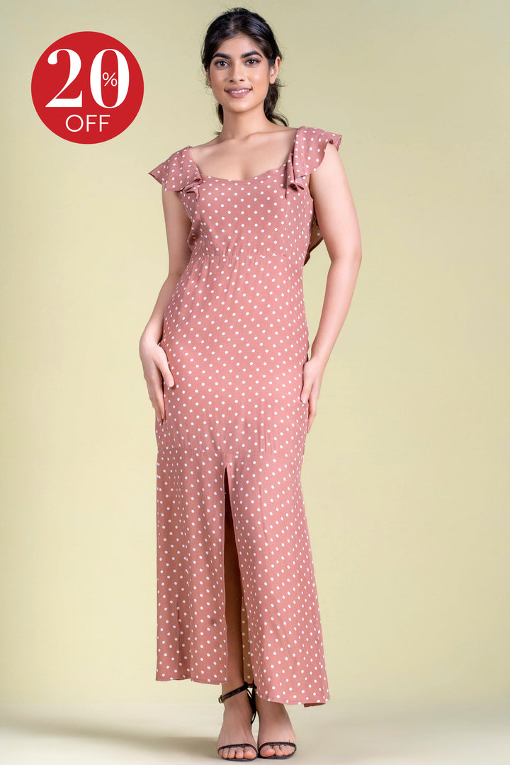 Polka Dot Print Maxi Dress - Slim Fit
