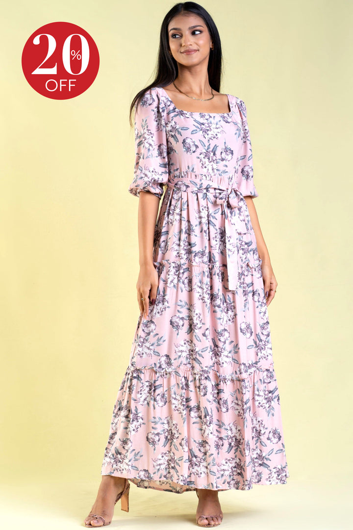 Square Neck Printed Dress - Slim Fit