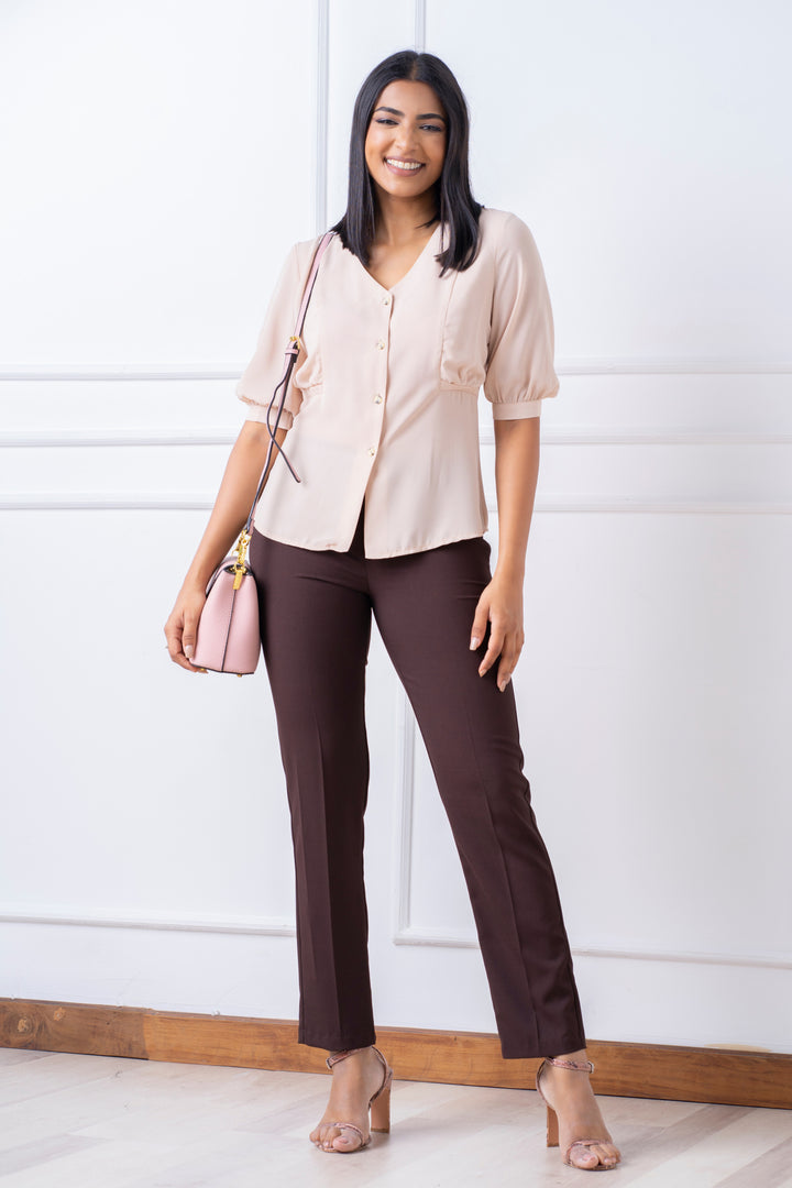 Brown Front Button Puff Sleeve Blouse - Slim Fit, Top, New Arrivals, Office Tops, Slim Fit, Smart Casual, Smart Casual Top, Work Top, workwear - MONDY, Sri Lankan women's clothing office wear