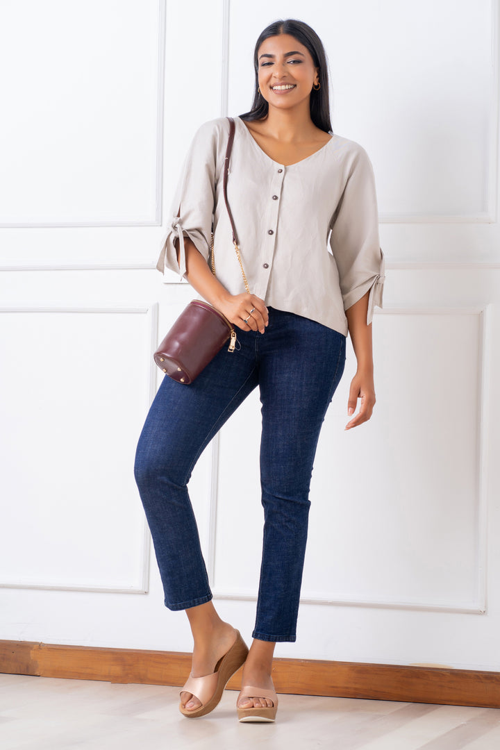 Front Button Sleeve Tie Linen Top - Relaxed Fit, Top, Holiday, Holiday Tops, Linen Top, Linen Tops, Linen Work Wear, New Arrivals, Relaxed Fit, Three Quarter Sleeve, V Neck, Work Top, workwea