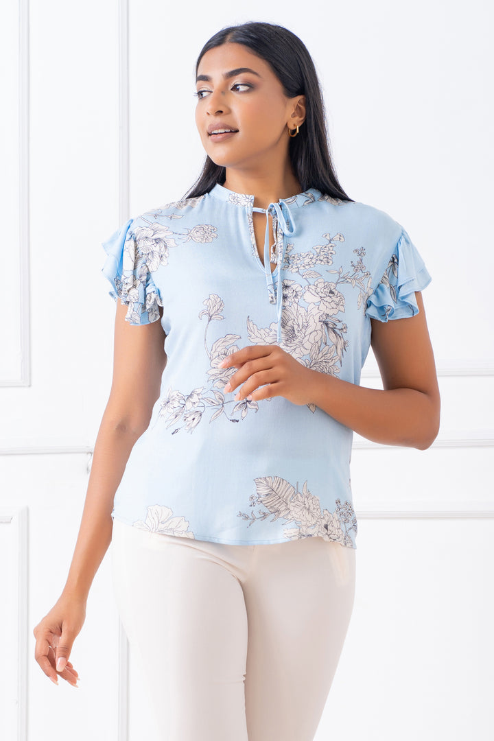 Printed Neck Tie Top - Regular Fit, Top, Mandarin Collar, New Arrivals, Regular Fit, Short Sleeves, Smart Casual, Smart Casual Top, Work Top, workwear - MONDY, Sri Lankan women's clothing off