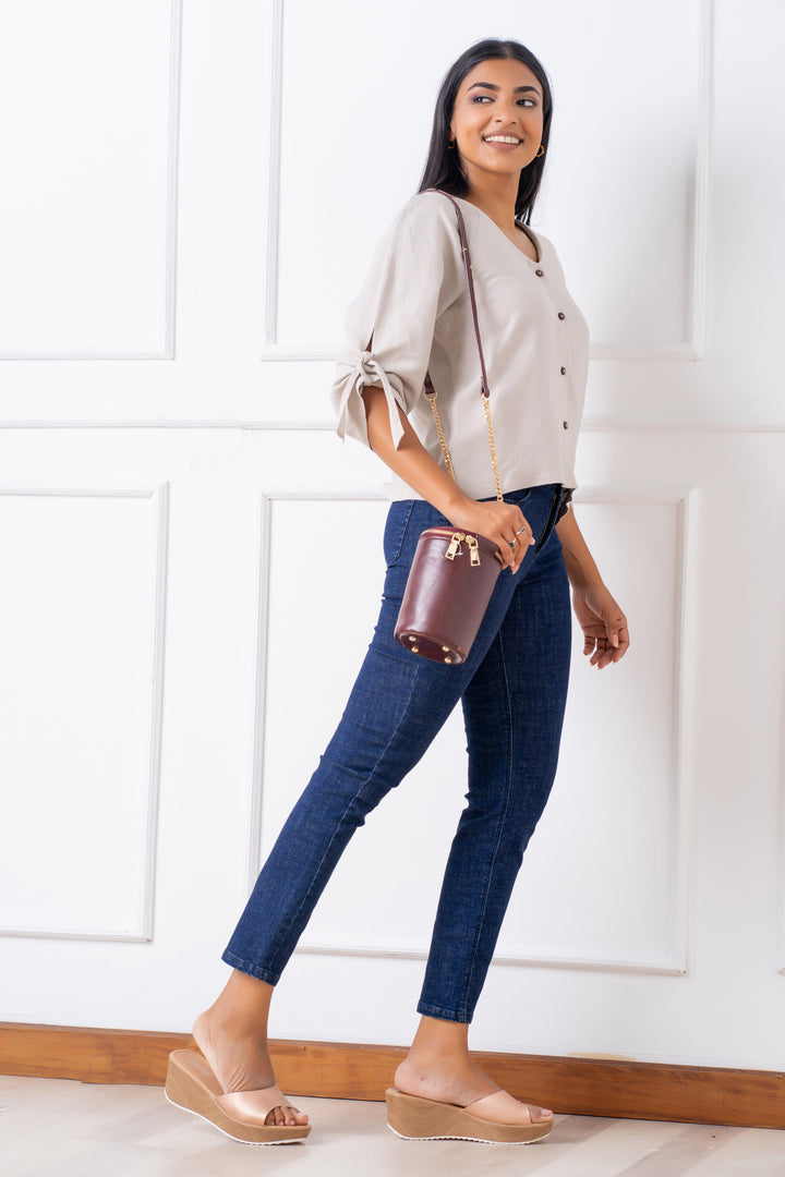 Front Button Sleeve Tie Linen Top - Relaxed Fit, Top, Holiday, Holiday Tops, Linen Top, Linen Tops, Linen Work Wear, New Arrivals, Relaxed Fit, Three Quarter Sleeve, V Neck, Work Top, workwea