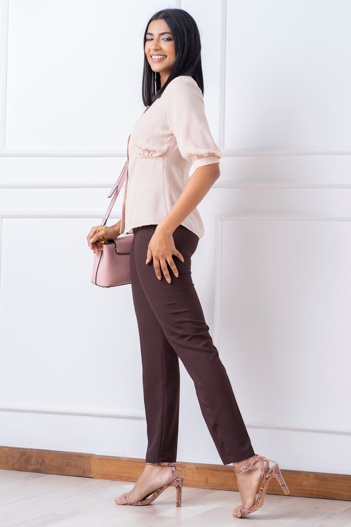 Brown Front Button Puff Sleeve Blouse - Slim Fit, Top, New Arrivals, Office Tops, Slim Fit, Smart Casual, Smart Casual Top, Work Top, workwear - MONDY, Sri Lankan women's clothing office wear