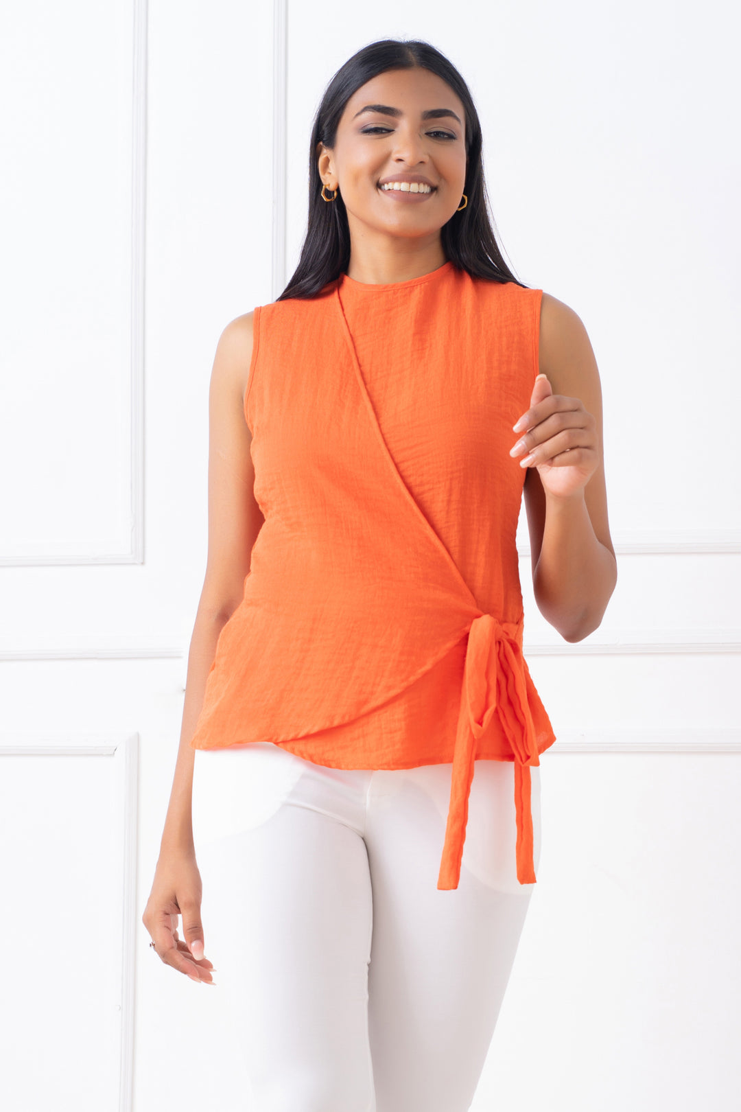 Orange Wrap Top - Slim Fit, Top, New Arrivals, Round Neck, Sleeveless, Slim Fit, Smart Casual, Smart Casual Top, Wrap Top - MONDY, Sri Lankan women's clothing office wear party dresses jacket