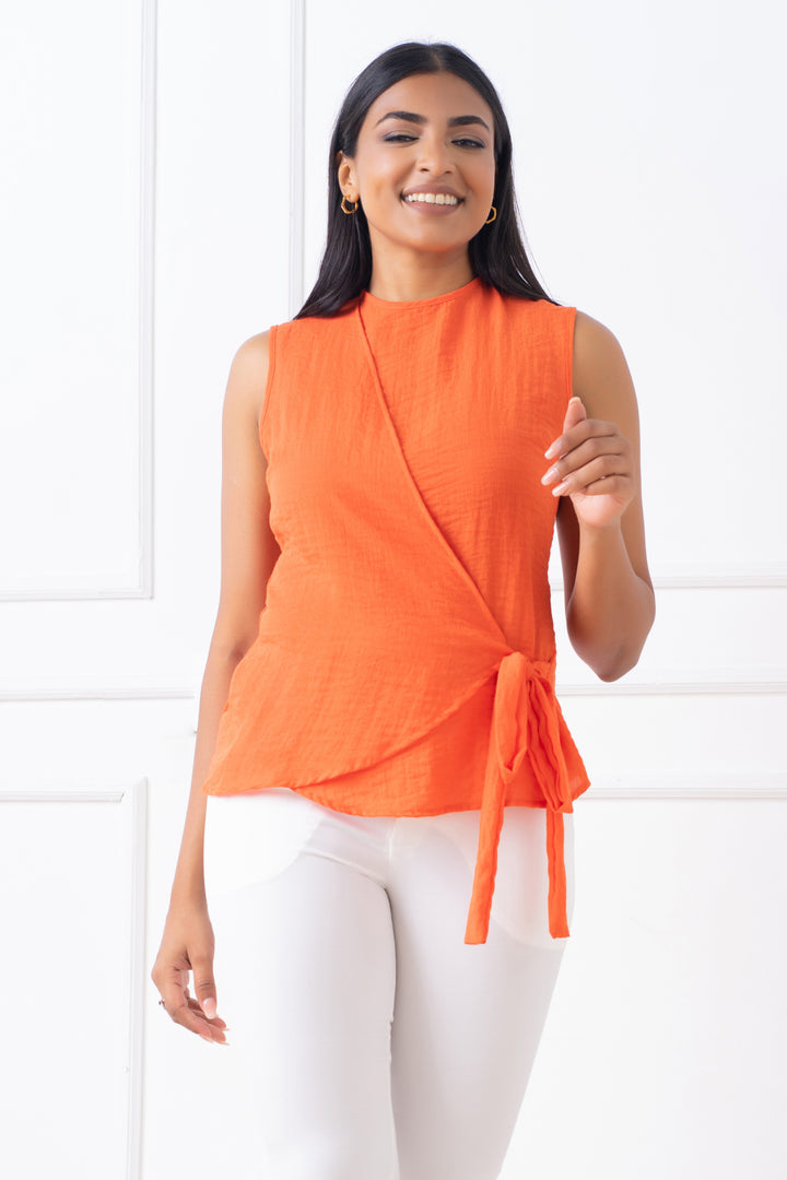Orange Wrap Top - Slim Fit, Top, New Arrivals, Round Neck, Sleeveless, Slim Fit, Smart Casual, Smart Casual Top, Wrap Top - MONDY, Sri Lankan women's clothing office wear party dresses jacket