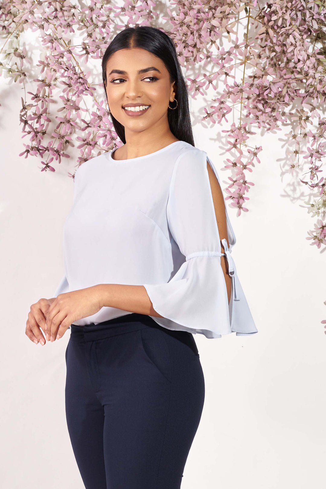 Sleeve Slit Detail Top - Regular Fit, Top, New Arrivals, Round Neck, SH21, Smart Casual, Smart Casual Top, Three Quarter Sleeve, Work Top, workwear - MONDY, Sri Lankan women's clothing office