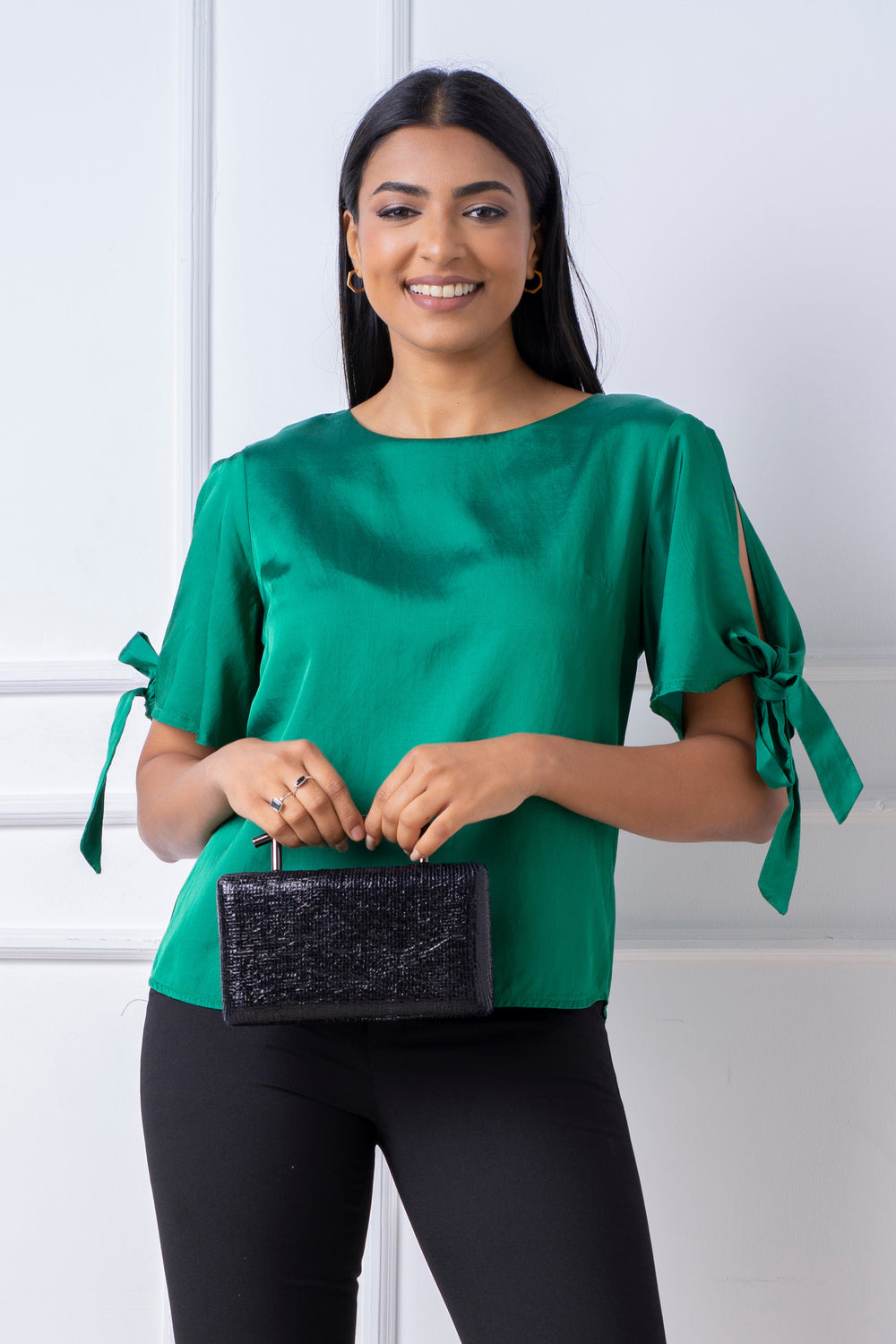 Green Sleeve Tie Top - Regular Fit, Top, New Arrivals, Office Tops, Regular Fit, Round Neck, Short Sleeves, Smart Casual, Smart Casual Top, Work Top, workwear - MONDY, Sri Lankan women's clot