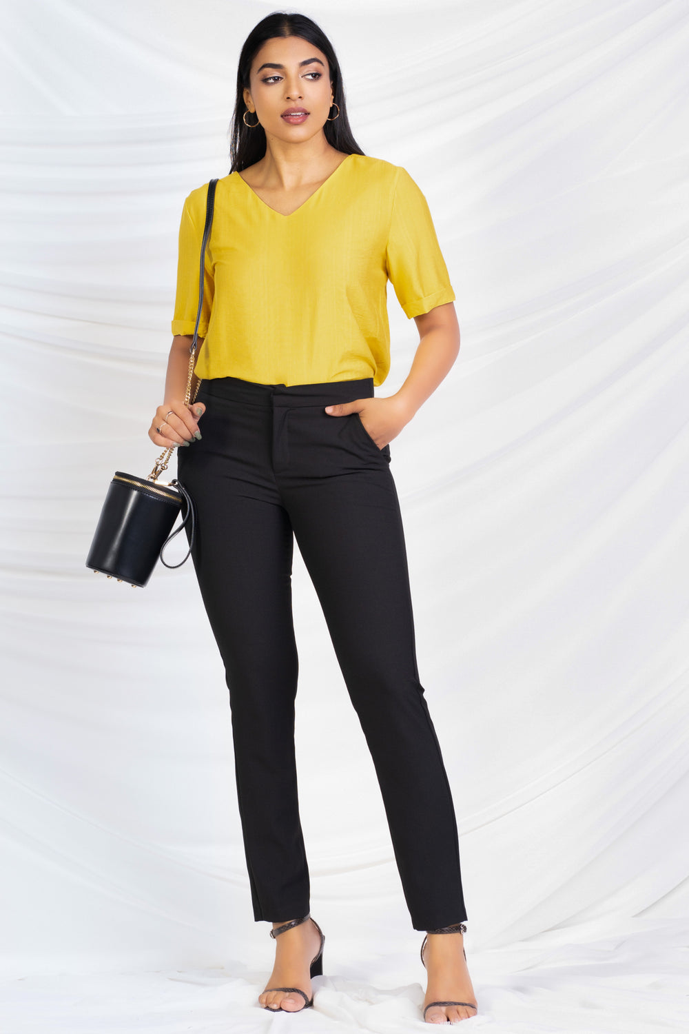 Yellow V Neck High Low Top - Regular Fit, Top, New Arrivals, Office Tops, Regular Fit, Short Sleeves, Smart Casual, Smart Casual Top, V Neck, Work Top, workwear - MONDY, Sri Lankan women's cl