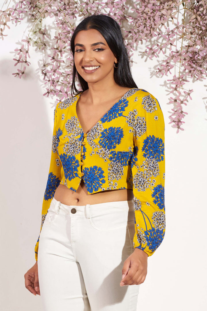 Printed Button Up Crop Top, Top, Crop Top, Holiday, Holiday Tops, Long Sleeves, New Arrivals, SH21, V Neck - MONDY, Sri Lankan women's clothing office wear party dresses jackets pants comfort