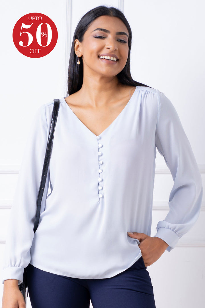 V-Neck Long Sleeve Blouse Top - Regular Fit
