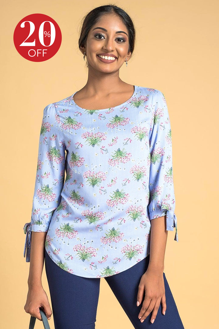 Printed Sleeve Tie Top - Regular Fit