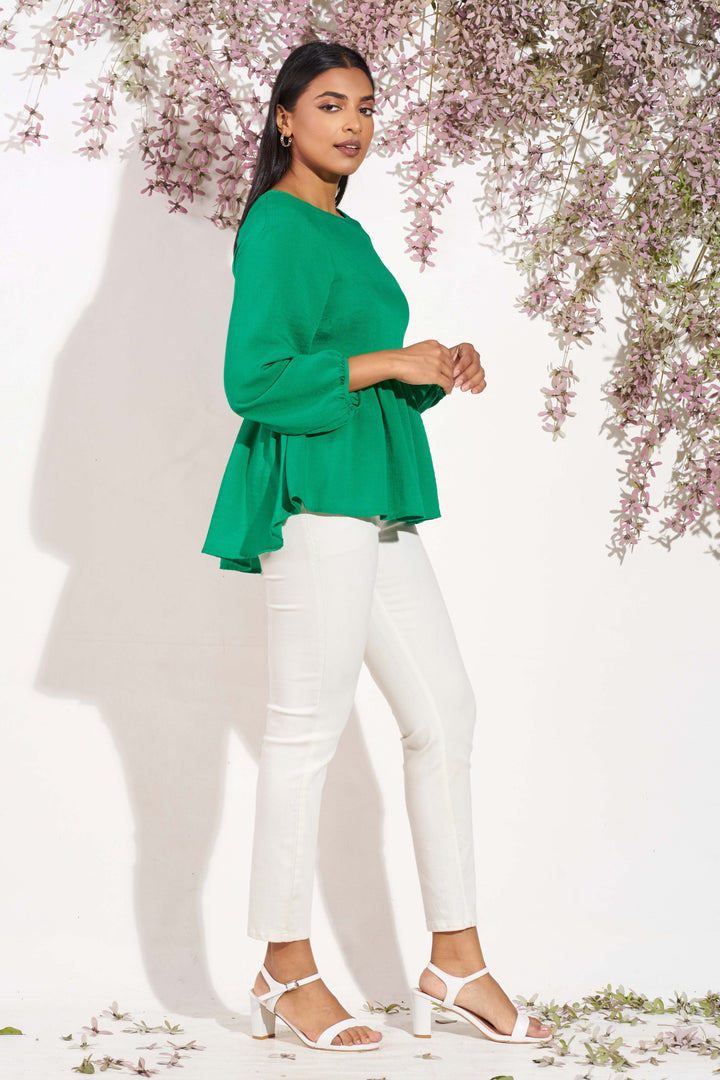 Green Peplum Linen Top, Top, Holiday, Holiday Tops, Linen Top, Linen Tops, Linen Work Wear, Long Sleeves, New Arrivals, Round Neck, SH21, Smart Casual, Smart Casual Top, Work Top, workwear - 