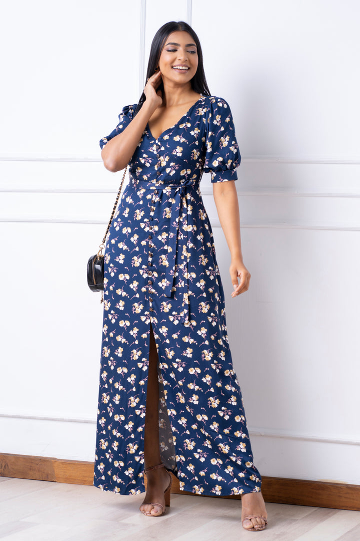 Front Button Puff Sleeve Maxi Dress - Slim Fit, Dress, Everyday Dresses, Holiday Dresses, Maxi Dress, Maxi Dresses, New Arrivals, Short Sleeves, Slim Fit, Smart Casual Dress, V Neck - MONDY, 