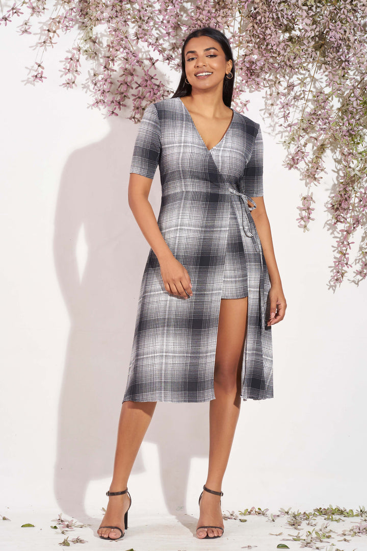 Checkered High Slit Wrap Dress, Dress, Evening Dresses, Evening Wear, Midi Dresses, New Arrivals, SH21, Short Sleeves, Smart Casual, Smart Casual Dress, V Neck, Wrap Dress - MONDY, Sri Lankan