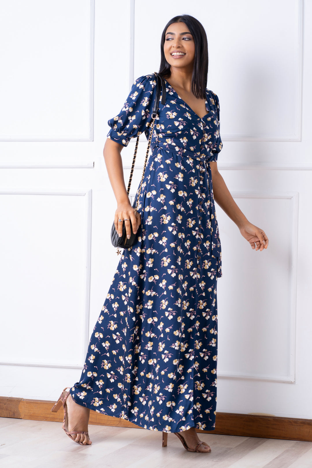 Front Button Puff Sleeve Maxi Dress - Slim Fit, Dress, Everyday Dresses, Holiday Dresses, Maxi Dress, Maxi Dresses, New Arrivals, Short Sleeves, Slim Fit, Smart Casual Dress, V Neck - MONDY, 