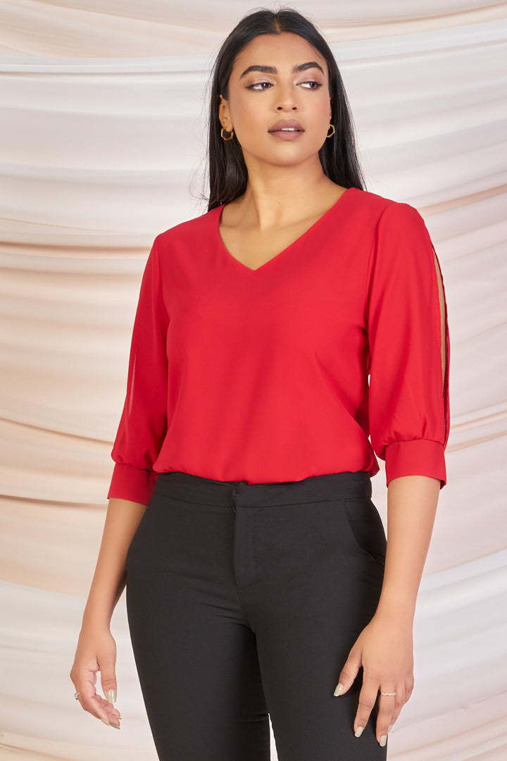 Red Slit Sleeve Top- Regular Fit