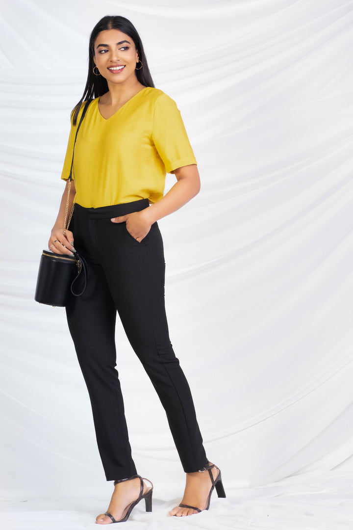 Yellow V Neck High Low Top - Regular Fit, Top, New Arrivals, Office Tops, Regular Fit, Short Sleeves, Smart Casual, Smart Casual Top, V Neck, Work Top, workwear - MONDY, Sri Lankan women's cl