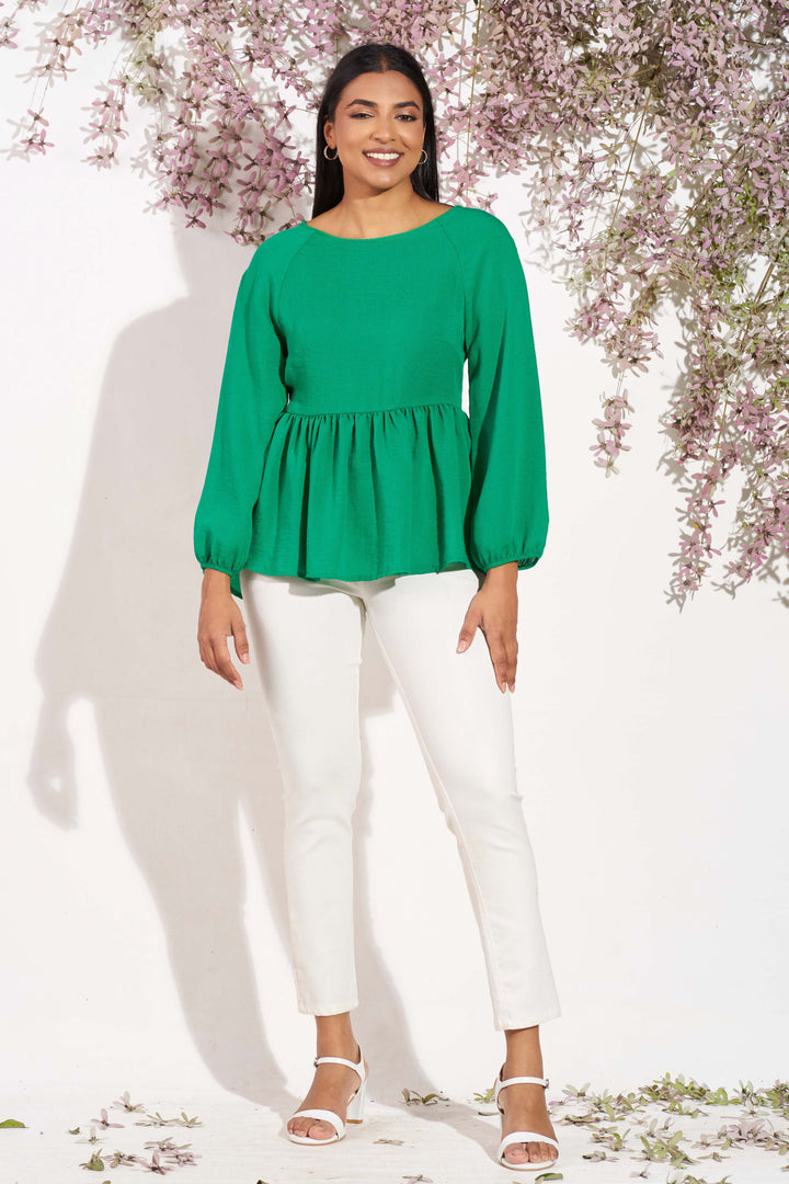 Green Peplum Linen Top, Top, Holiday, Holiday Tops, Linen Top, Linen Tops, Linen Work Wear, Long Sleeves, New Arrivals, Round Neck, SH21, Smart Casual, Smart Casual Top, Work Top, workwear - 