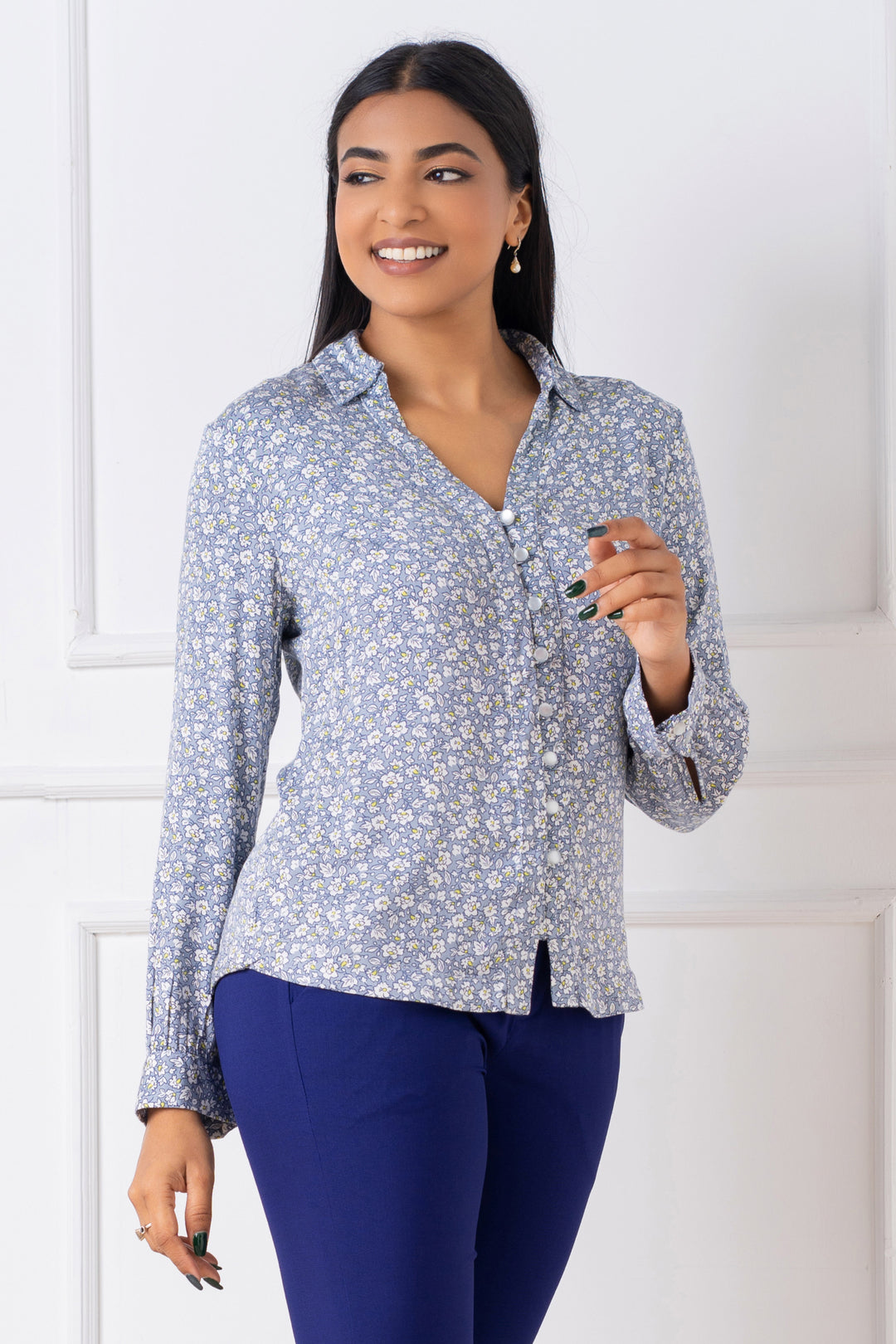 Printed Front Button Shirt - Regular Fit, Top, Long Sleeves, New Arrivals, Office Tops, Regular Fit, Shirt, Shirt Collar, Smart Casual, Smart Casual Top, Work Top, workwear - MONDY, Sri Lanka