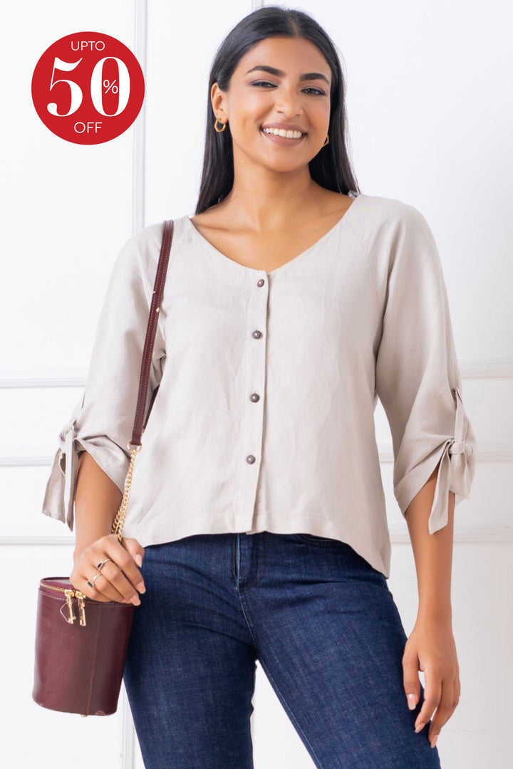 Front Button Sleeve Tie Linen Top - Relaxed Fit