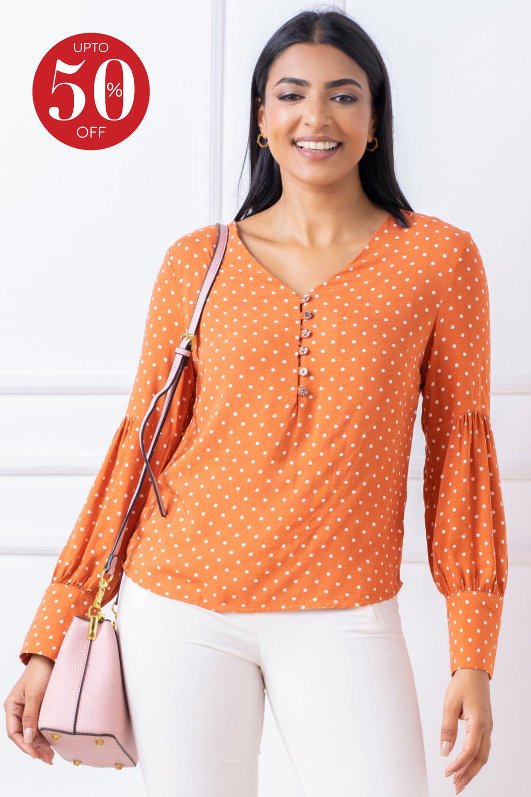 Printed Sleeve Detail V-Neck Top - Relaxed Fit