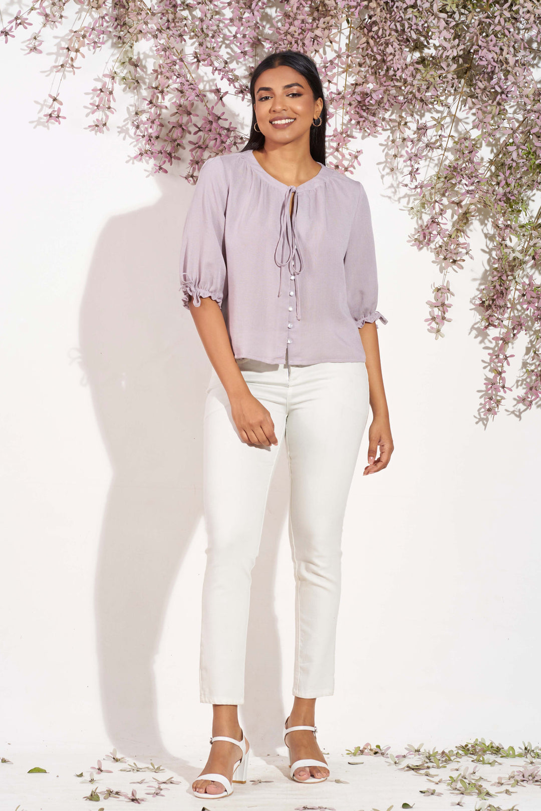 Linen Button Up Gypsy Top, Top, Holiday, Holiday Tops, Linen Top, Linen Tops, Linen Work Wear, New Arrivals, Round Neck, SH21, Three Quarter Sleeve, Work Top, workwear - MONDY, Sri Lankan wom