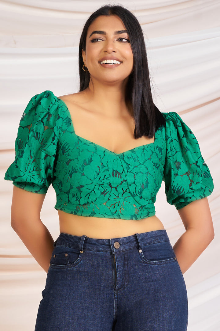 Green Lace Puff Sleeve Crop Top - Slim Fit