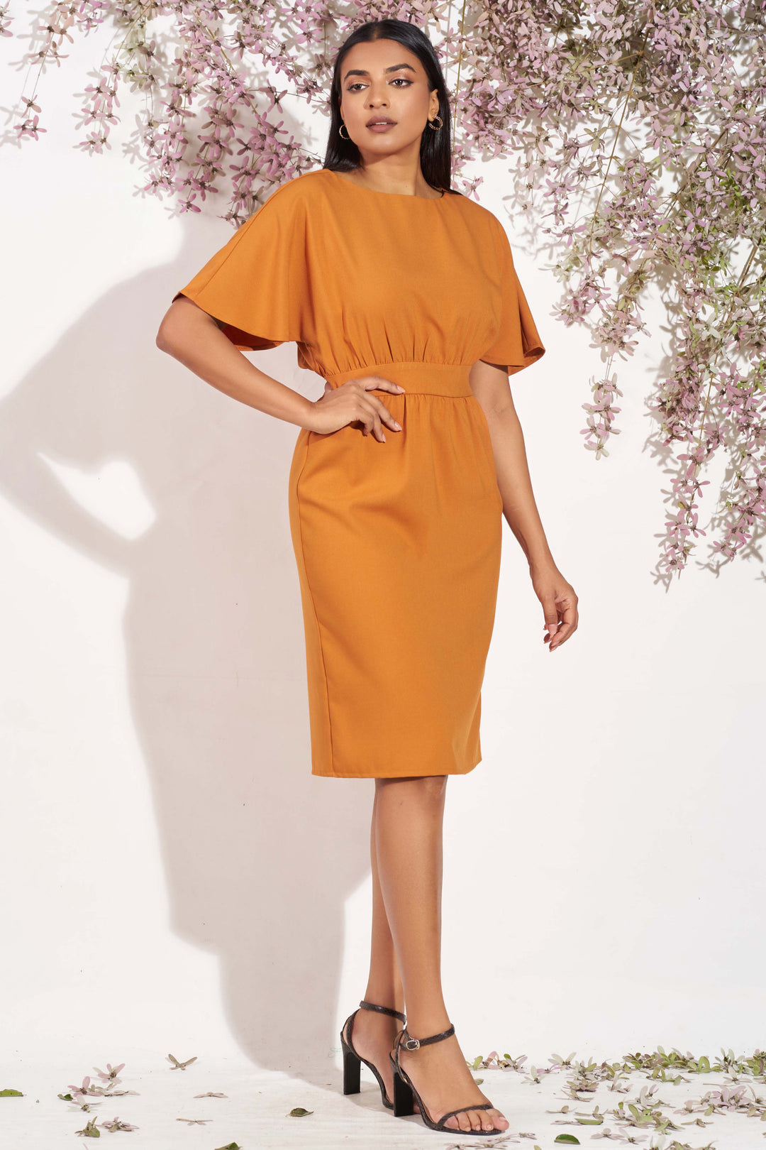 Orange Empire Waist Dress - Slim Fit, Dress, Mini Dresses, New Arrivals, Office Dresses, Round Neck, SH21, Short Sleeves, Smart Casual, Smart Casual Dress, Work Dress, Work Dresses, workwear 