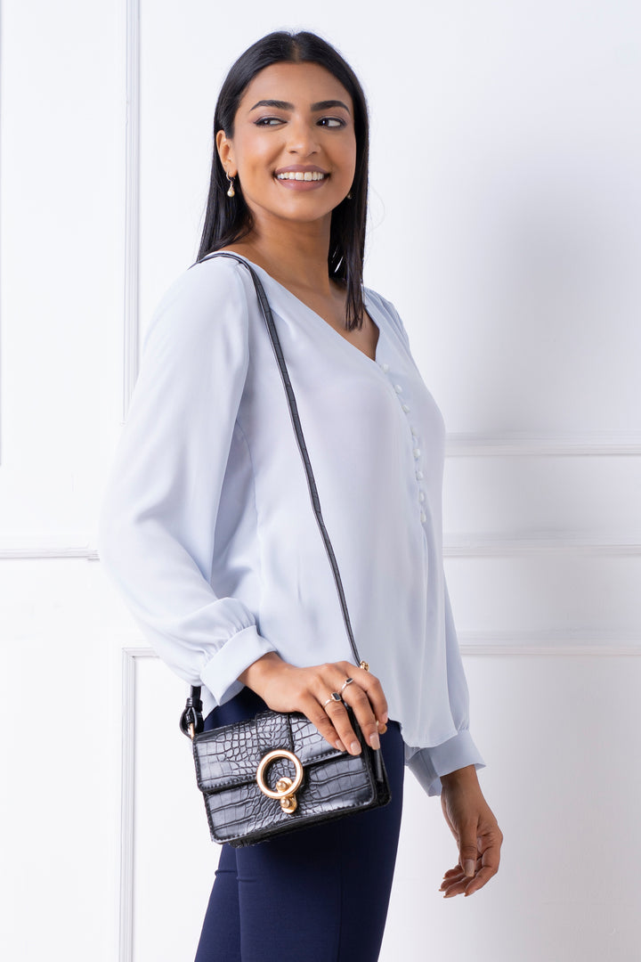 V-Neck Long Sleeve Blouse - Regular Fit, Top, Long Sleeves, New Arrivals, Office Tops, Regular Fit, Smart Casual, Smart Casual Top, V Neck, Work Top, workwear - MONDY, Sri Lankan women's clot