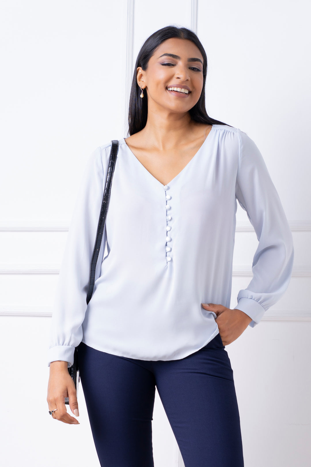 V-Neck Long Sleeve Blouse - Regular Fit, Top, Long Sleeves, New Arrivals, Office Tops, Regular Fit, Smart Casual, Smart Casual Top, V Neck, Work Top, workwear - MONDY, Sri Lankan women's clot