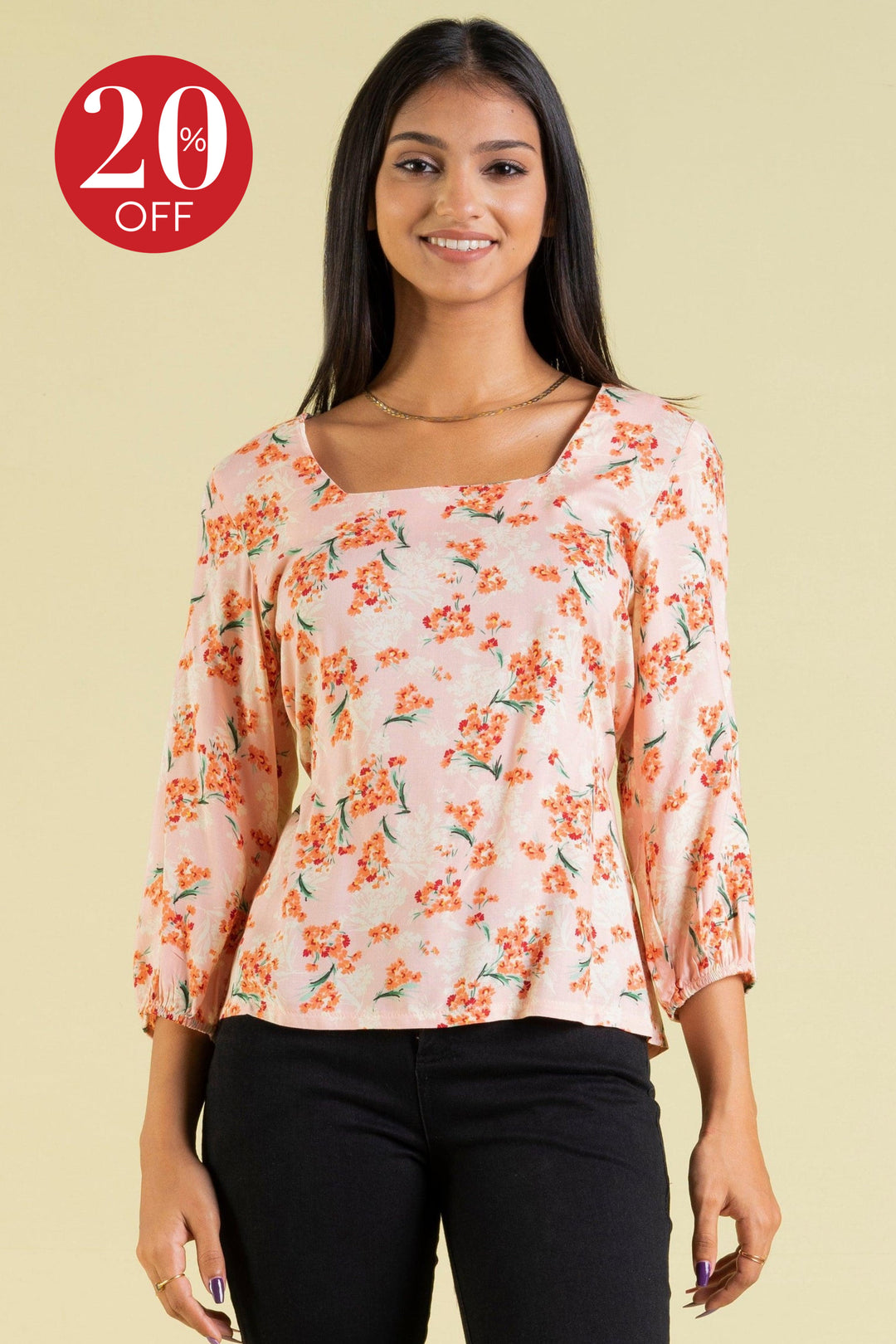 Square Neckline Floral Print Top - Regular Fit