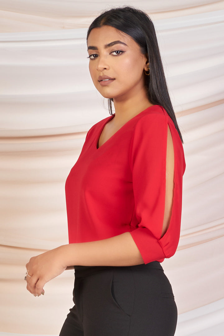 Red Slit Sleeve Top- Regular Fit