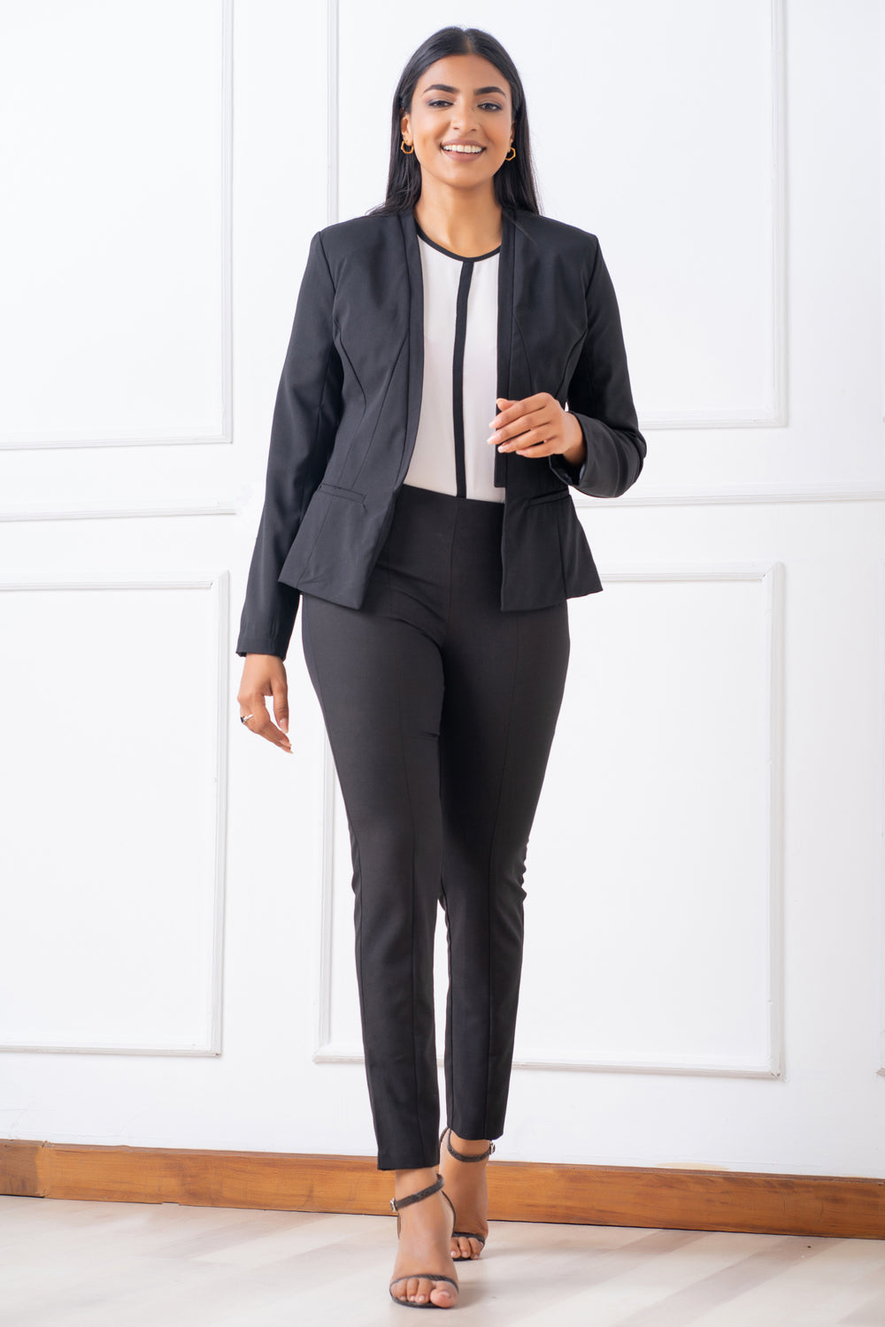 Black & White Contrast Pipping Top - Regular Fit, Top, High Neck, New Arrivals, Office Tops, Regular Fit, Short Sleeves, Smart Casual, Smart Casual Top, Work Top, workwear - MONDY, Sri Lankan