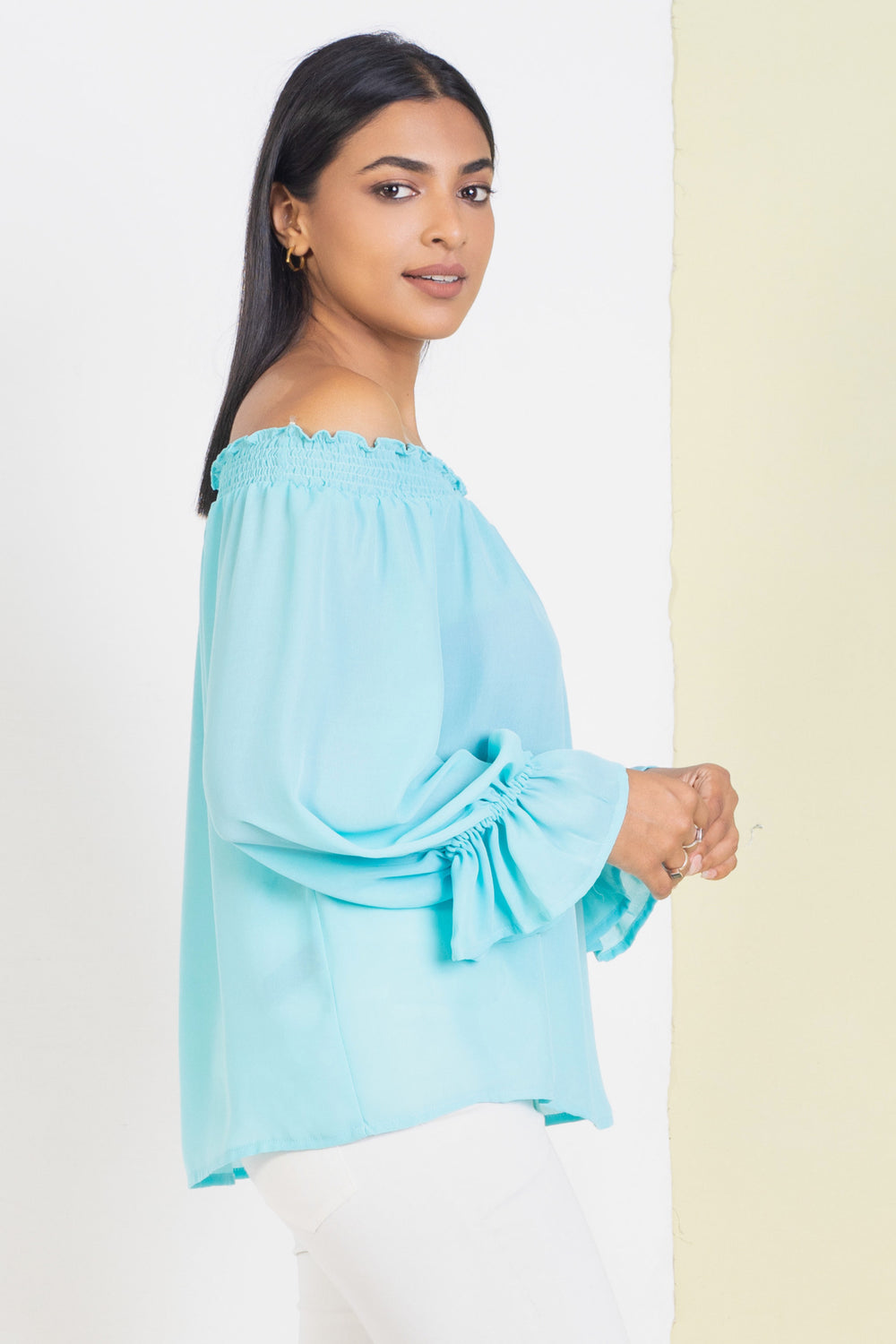 Light Blue Off Shoulder Sailor Sleeve Top - Relaxed Fit, Top, Evening Top, Evening Tops, Evening Wear, Holiday, Holiday Tops, Long Sleeves, New Arrivals, Off Shoulder, Relaxed Fit, SH19, Smar