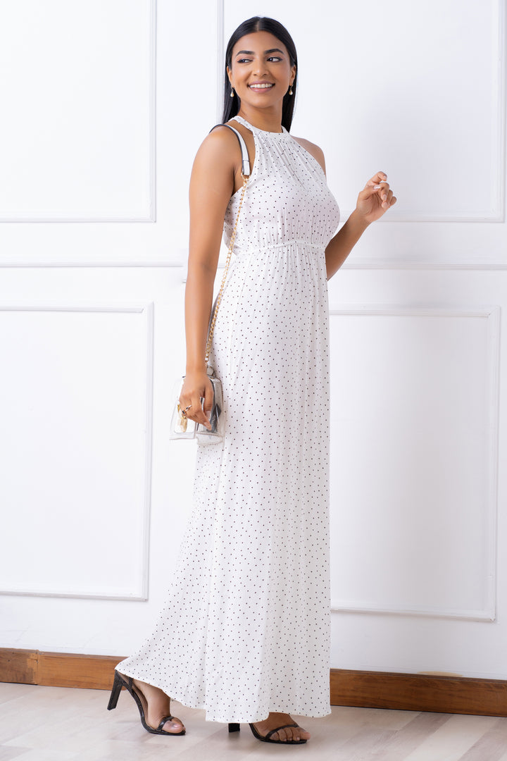 White Polka Halter Neck Maxi Dress - Regular Fit, Dress, Halter Neck, Holiday, Holiday Dresses, Maxi Dress, Maxi Dresses, New Arrivals, Regular Fit, Sleeveless, Smart Casual, Smart Casual Dre
