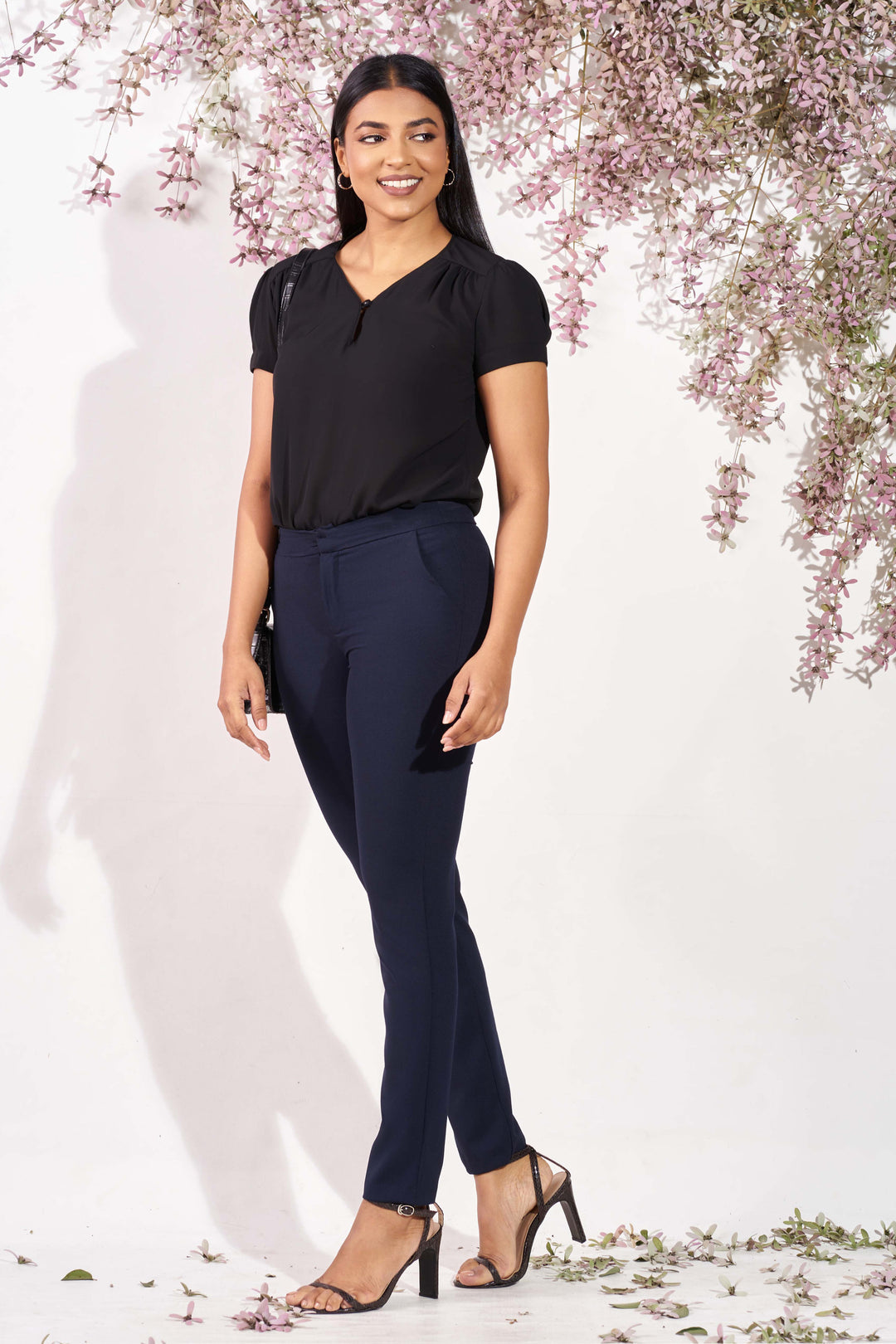 Black Puff Sleeve Top - Relax Fit, Top, New Arrivals, Office Tops, Puff Sleeve, SH21, Short Sleeves, Smart Casual, Smart Casual Top, V Neck, Work Top, workwear - MONDY, Sri Lankan women's clo