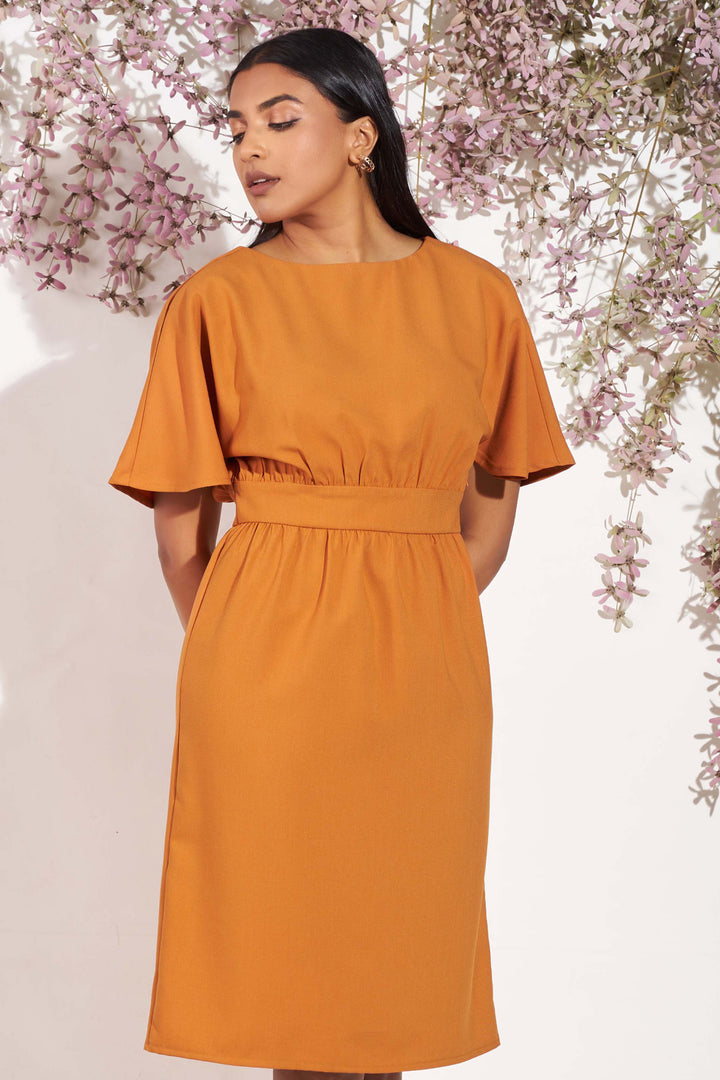 Orange Empire Waist Dress - Slim Fit, Dress, Mini Dresses, New Arrivals, Office Dresses, Round Neck, SH21, Short Sleeves, Smart Casual, Smart Casual Dress, Work Dress, Work Dresses, workwear 