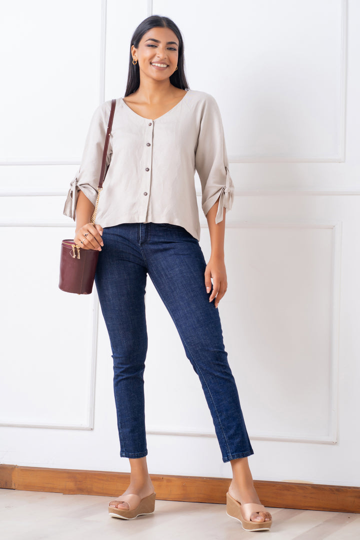 Front Button Sleeve Tie Linen Top - Relaxed Fit, Top, Holiday, Holiday Tops, Linen Top, Linen Tops, Linen Work Wear, New Arrivals, Relaxed Fit, Three Quarter Sleeve, V Neck, Work Top, workwea
