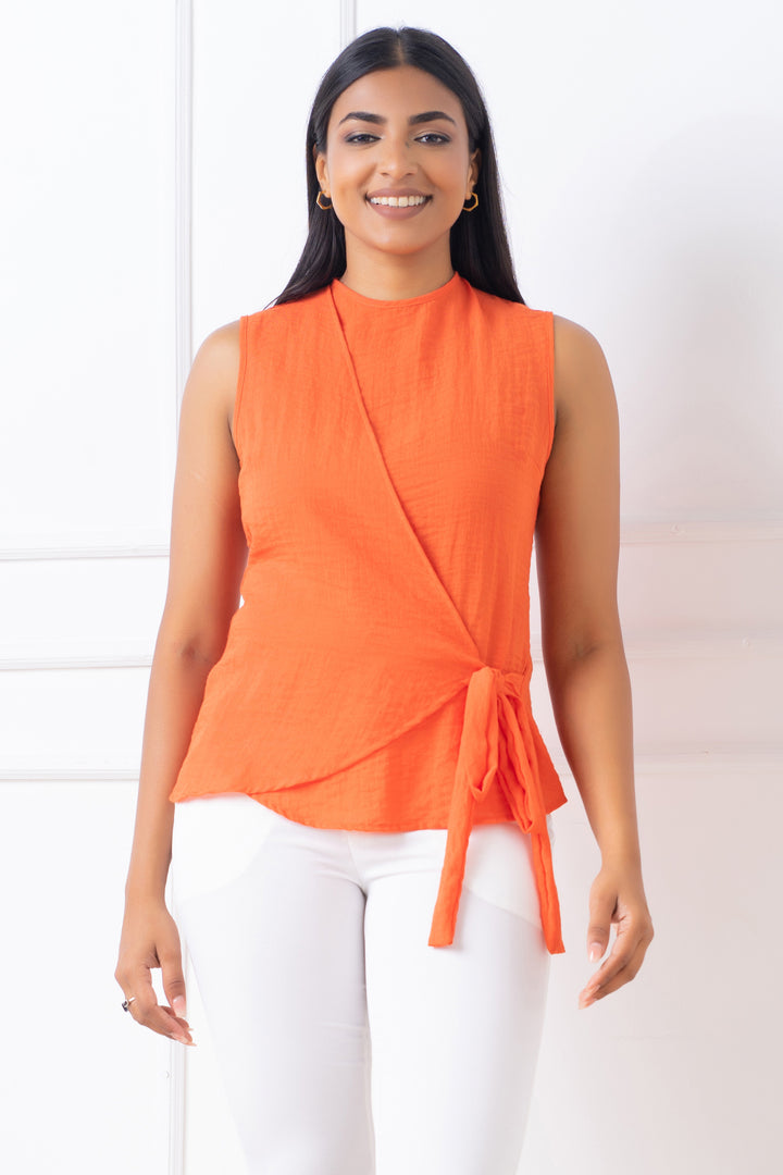 Orange Wrap Top - Slim Fit, Top, New Arrivals, Round Neck, Sleeveless, Slim Fit, Smart Casual, Smart Casual Top, Wrap Top - MONDY, Sri Lankan women's clothing office wear party dresses jacket