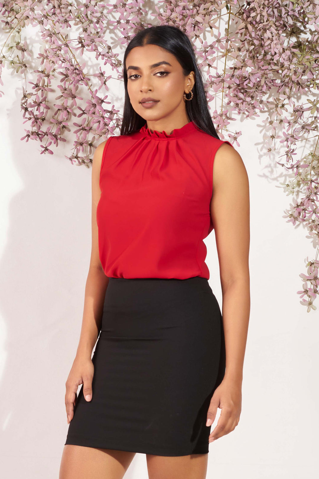 Red Pleat Detail Sleeveless Top - Regular Fit, Top, High Neck, New Arrivals, Office Tops, SH21, Sleeveless, Smart Casual, Smart Casual Top, Work Top, workwear - MONDY, Sri Lankan women's clot