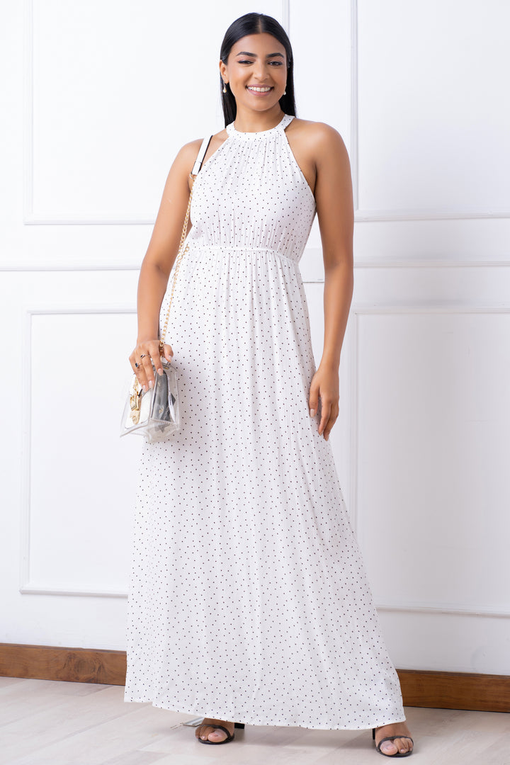 White Polka Halter Neck Maxi Dress - Regular Fit, Dress, Halter Neck, Holiday, Holiday Dresses, Maxi Dress, Maxi Dresses, New Arrivals, Regular Fit, Sleeveless, Smart Casual, Smart Casual Dre