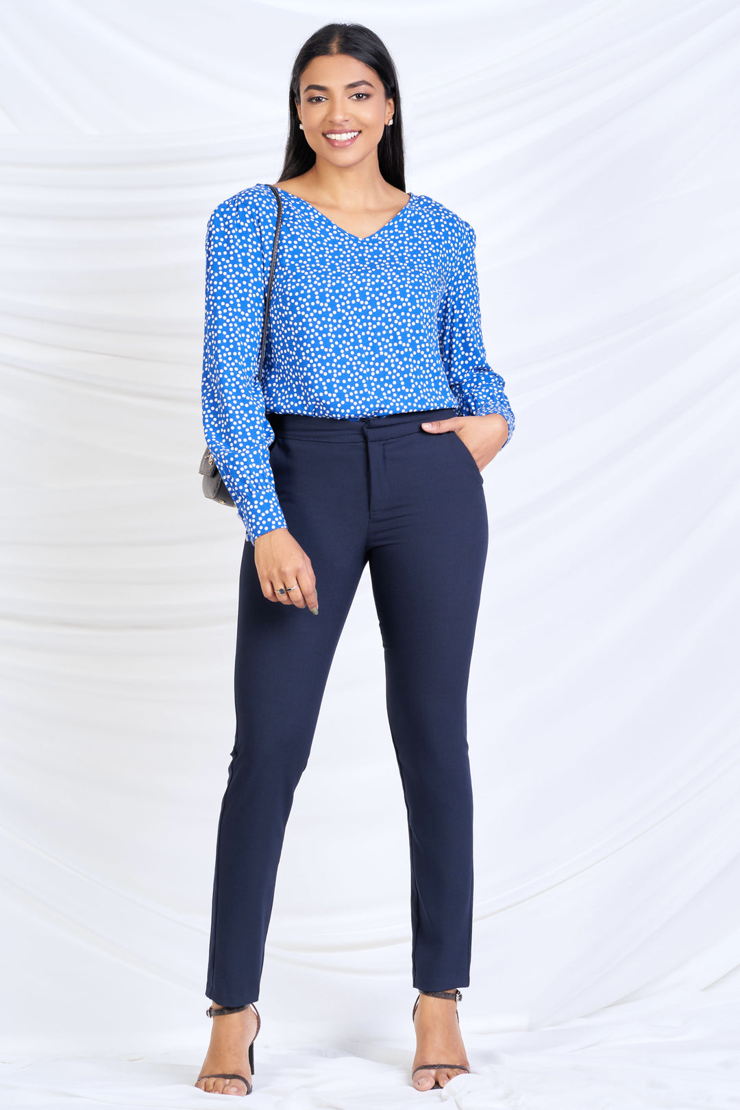 Printed Blue Long Sleeve Top - Regular Fit, Top, Long Sleeves, New Arrivals, Office Tops, Regular Fit, SH20, Smart Casual, Smart Casual Top, V Neck, Work Top, workwear - MONDY, Sri Lankan wom