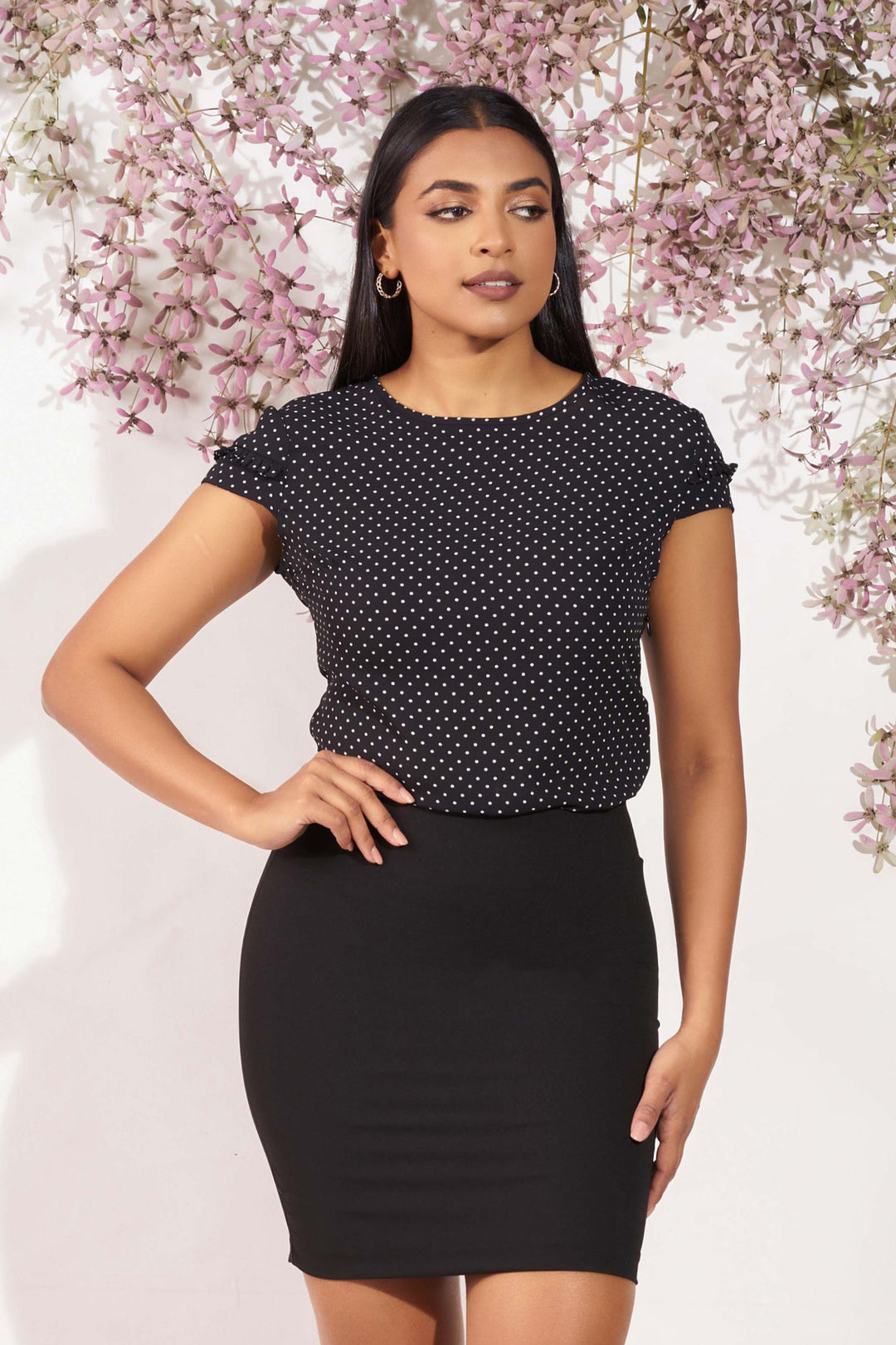 Polka Dot Round Neck Top - Slim Fit, Top, New Arrivals, Office Tops, Round Neck, SH21, Short Sleeves, Smart Casual, Smart Casual Top, Work Top, workwear - MONDY, Sri Lankan women's clothing o