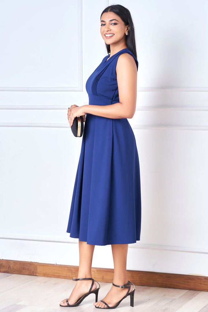 Blue Pleat Detail Skater Midi Dress, Dress, Evening Dresses, Evening Wear, Midi Dresses, New Arrivals, Office Dresses, SH18, Sleeveless, Smart Casual, Smart Casual Dress, V Neck, Work Dress, 