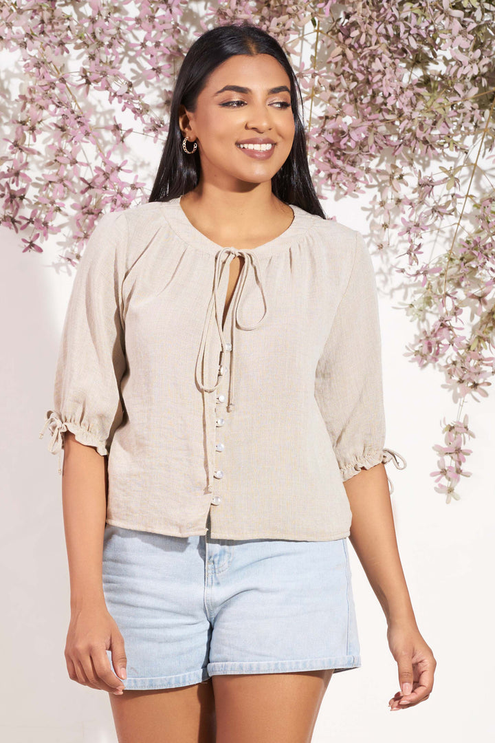 Linen Button Up Gypsy Top, Top, Holiday, Holiday Tops, Linen Top, Linen Tops, Linen Work Wear, New Arrivals, Round Neck, SH21, Three Quarter Sleeve, Work Top, workwear - MONDY, Sri Lankan wom