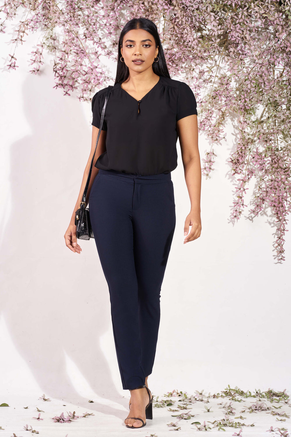 Black Puff Sleeve Top - Relax Fit, Top, New Arrivals, Office Tops, Puff Sleeve, SH21, Short Sleeves, Smart Casual, Smart Casual Top, V Neck, Work Top, workwear - MONDY, Sri Lankan women's clo