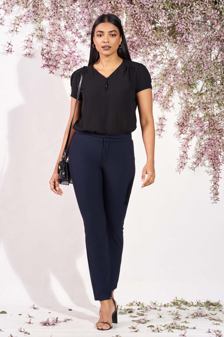 Black Puff Sleeve Top - Relax Fit, Top, New Arrivals, Office Tops, Puff Sleeve, SH21, Short Sleeves, Smart Casual, Smart Casual Top, V Neck, Work Top, workwear - MONDY, Sri Lankan women's clo